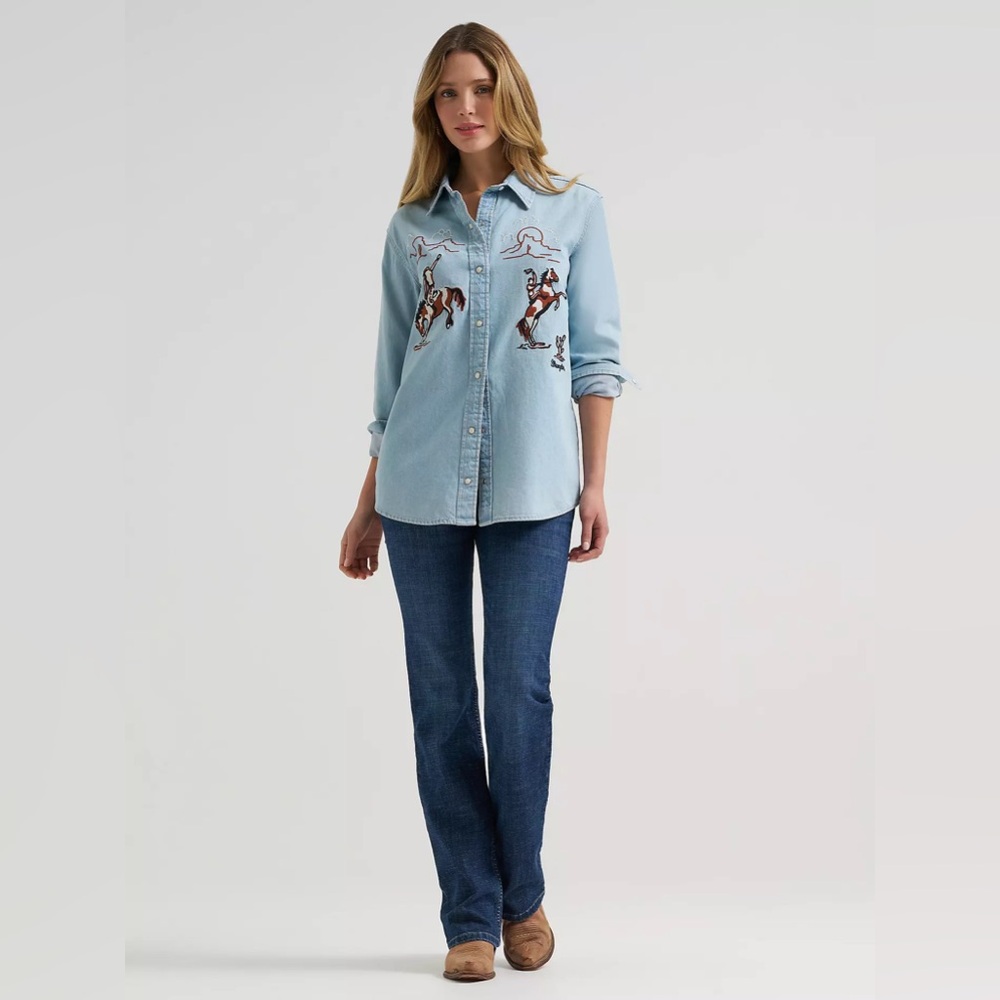 Wrangler Women’s Embroidered Boyfriend Western Snap Denim Shirt XL - Picture 2 of 7